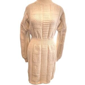 LuLu's Cable Knit Sweater Dress Open Back Long Sleeve Crewneck Winter Ivory S